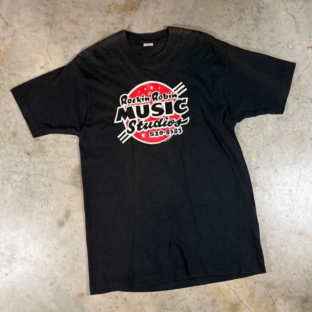 Vintage 1991 Rockin Robin Music Studios T Shirt XL Black Fruit of the Loom USA